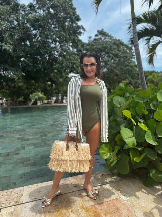 Camisa Mikonos Listrada Verde Musgo/Off White