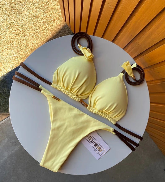 Biquini Elloah Poliamida Amarelo Manteiga/Marrom