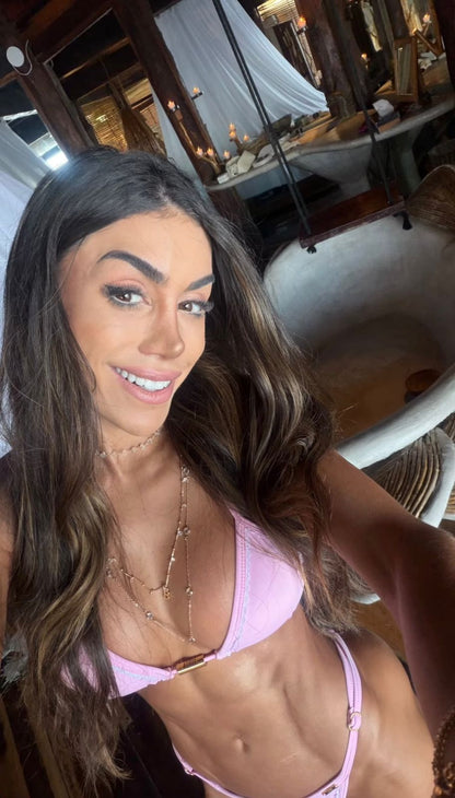 Biquini marquinha de fita rosa com rendinha branca