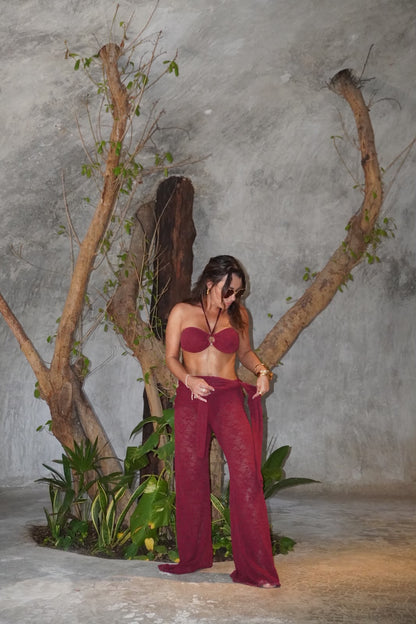 calça com amarração na cintura em renda bordô