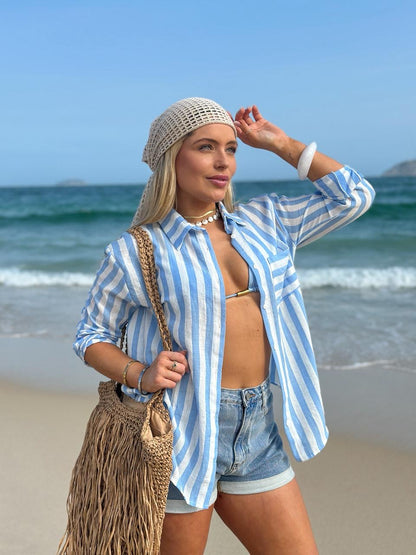 Camisa Mikonos Listrada Azul Candy/Off White