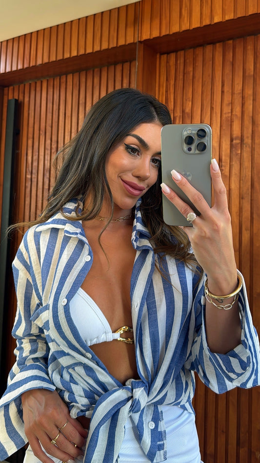 Camisa Mikonos Listrada Azul Jeans/Off White