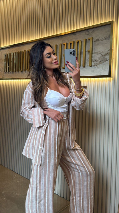 Calça Santorini Listrada/Crochete Chocolate