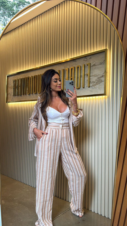 Calça Santorini Listrada/Crochete Chocolate