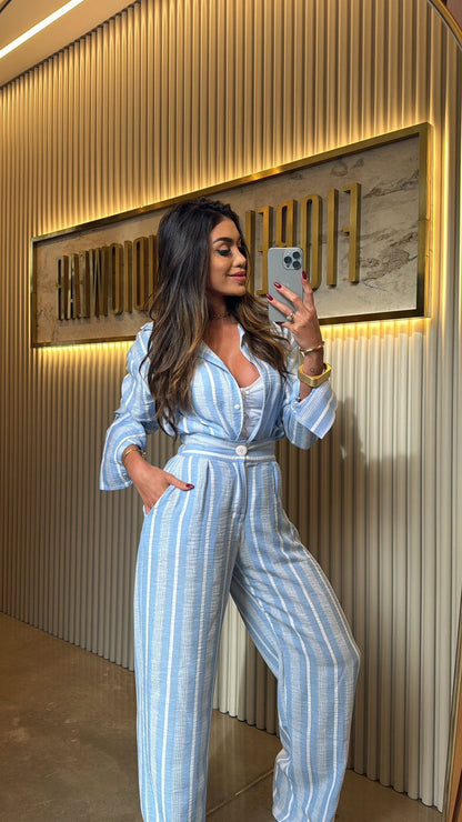 Calça Santorini Listrada/Crochete Azul Candy