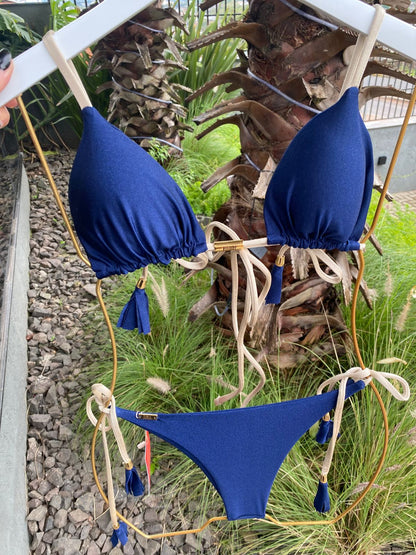 Biquini Elloah Glow Azul Marinho/Tiras Douradas