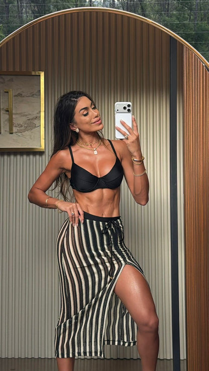 Saia Midi Tricot Bali Preto/Nude