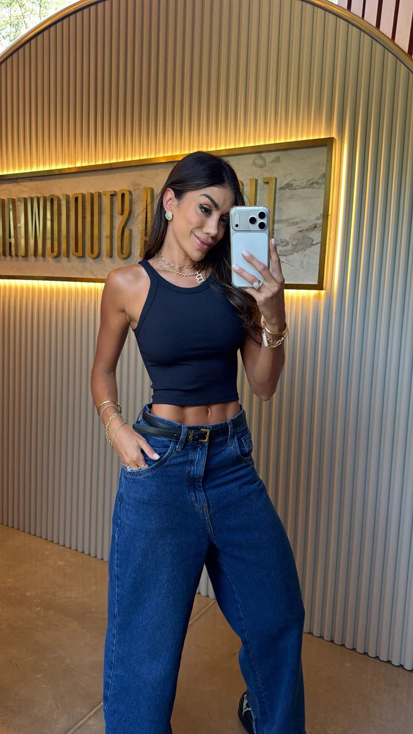 Regata Cropped Canelada Preta