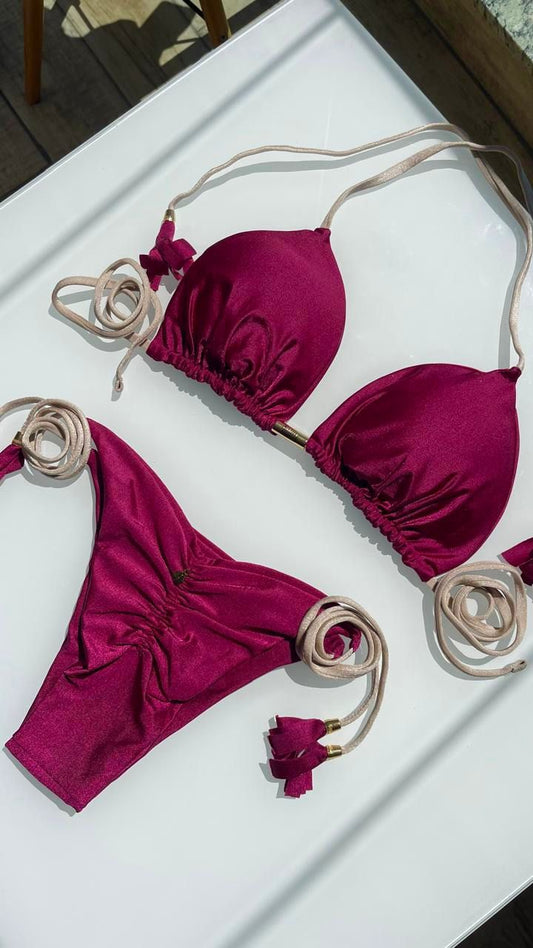 Biquini Elloah Glow Bordô/Tiras Douradas