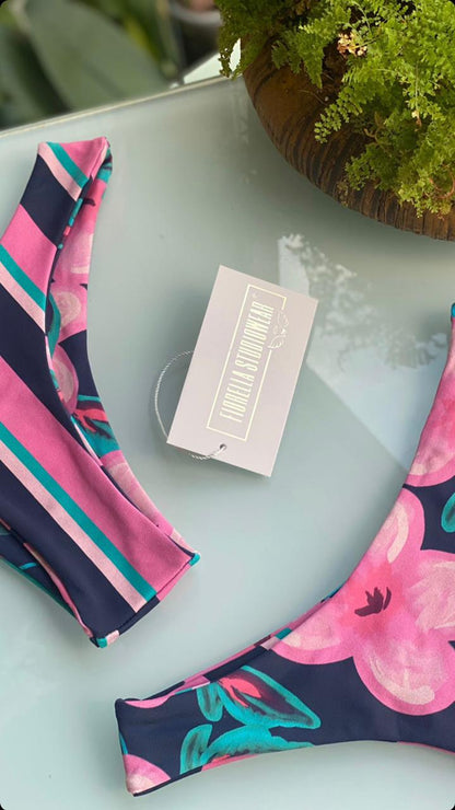 Biquini Fiorella Camélia Floral/Listrado Rosa/Azul Marinho