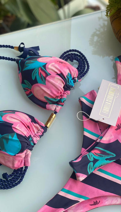 Biquini Fiorella Camélia Floral/Listrado Rosa/Azul Marinho