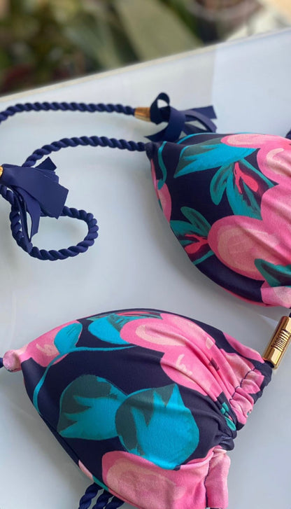 Biquini Fiorella Camélia Floral/Listrado Rosa/Azul Marinho