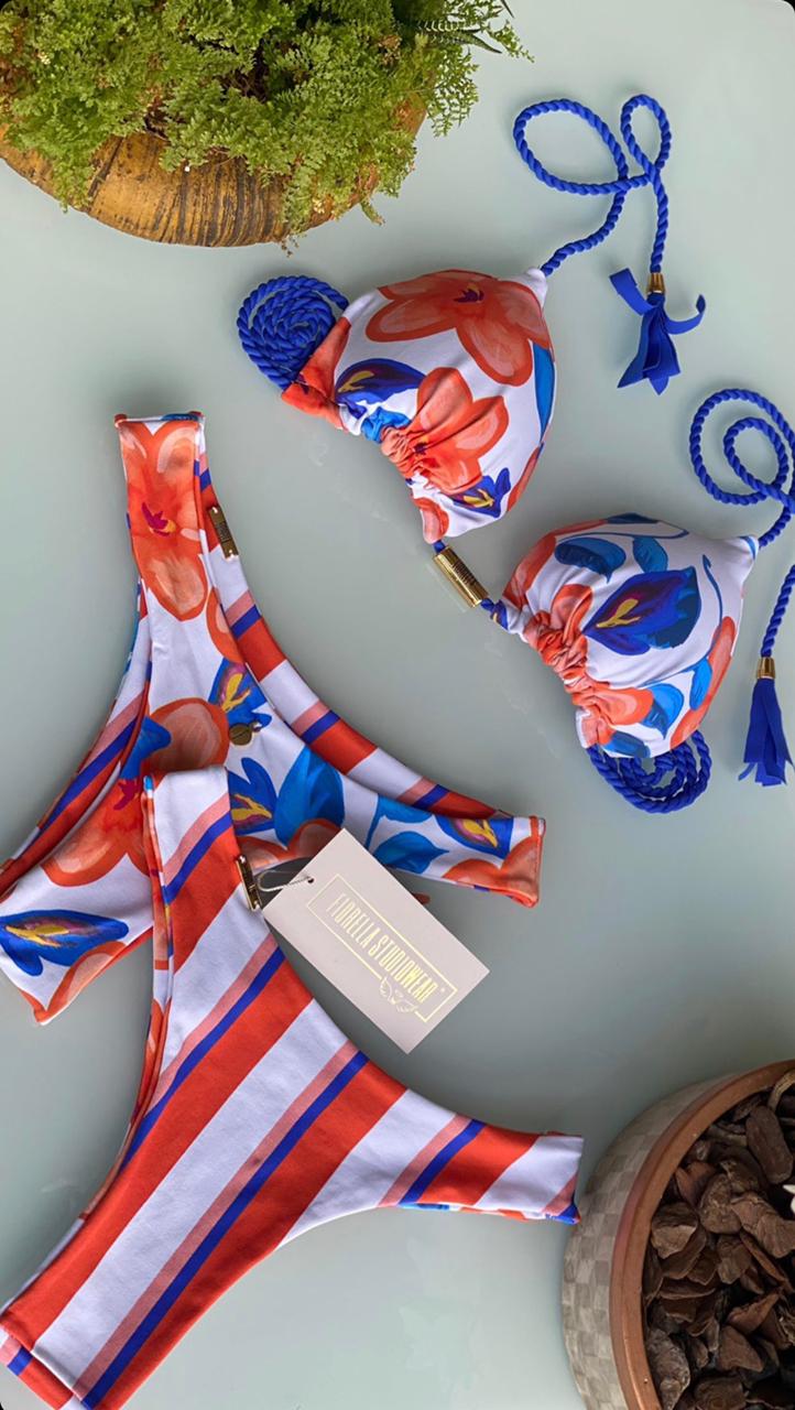 Biquini Fiorella Camélia Floral/Listrado Branco/Azul