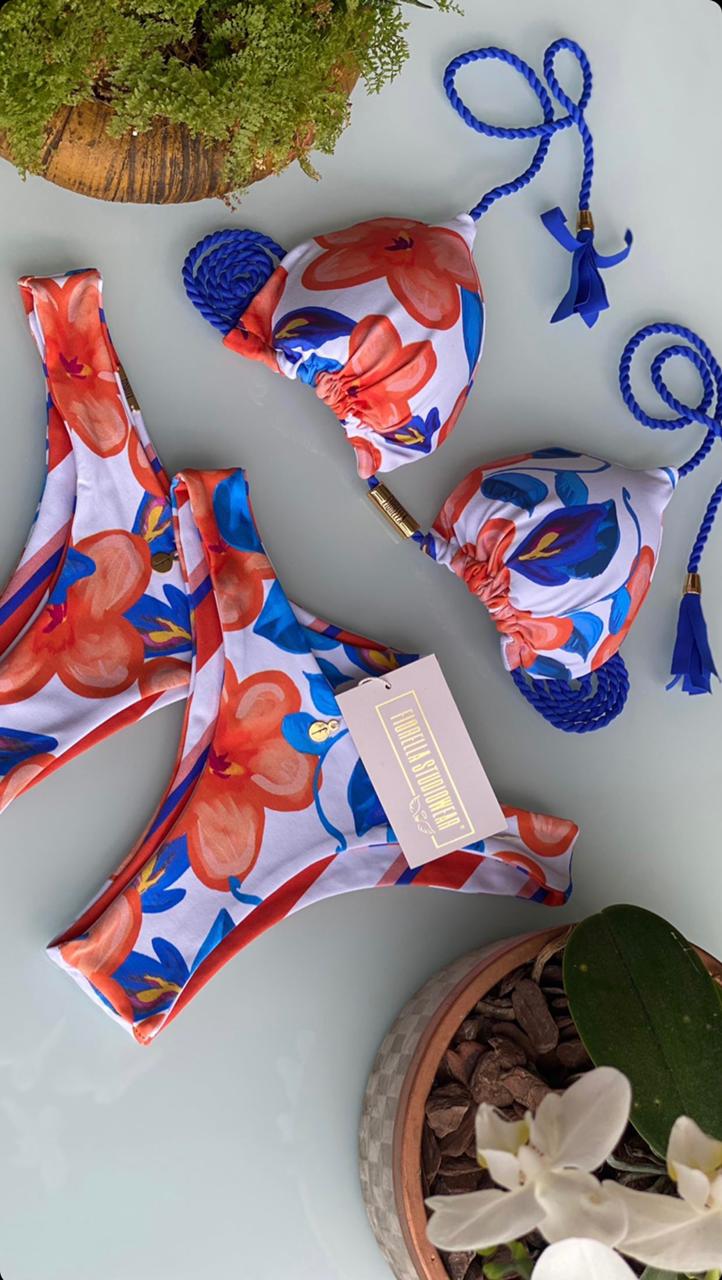 Biquini Fiorella Camélia Floral/Listrado Branco/Azul