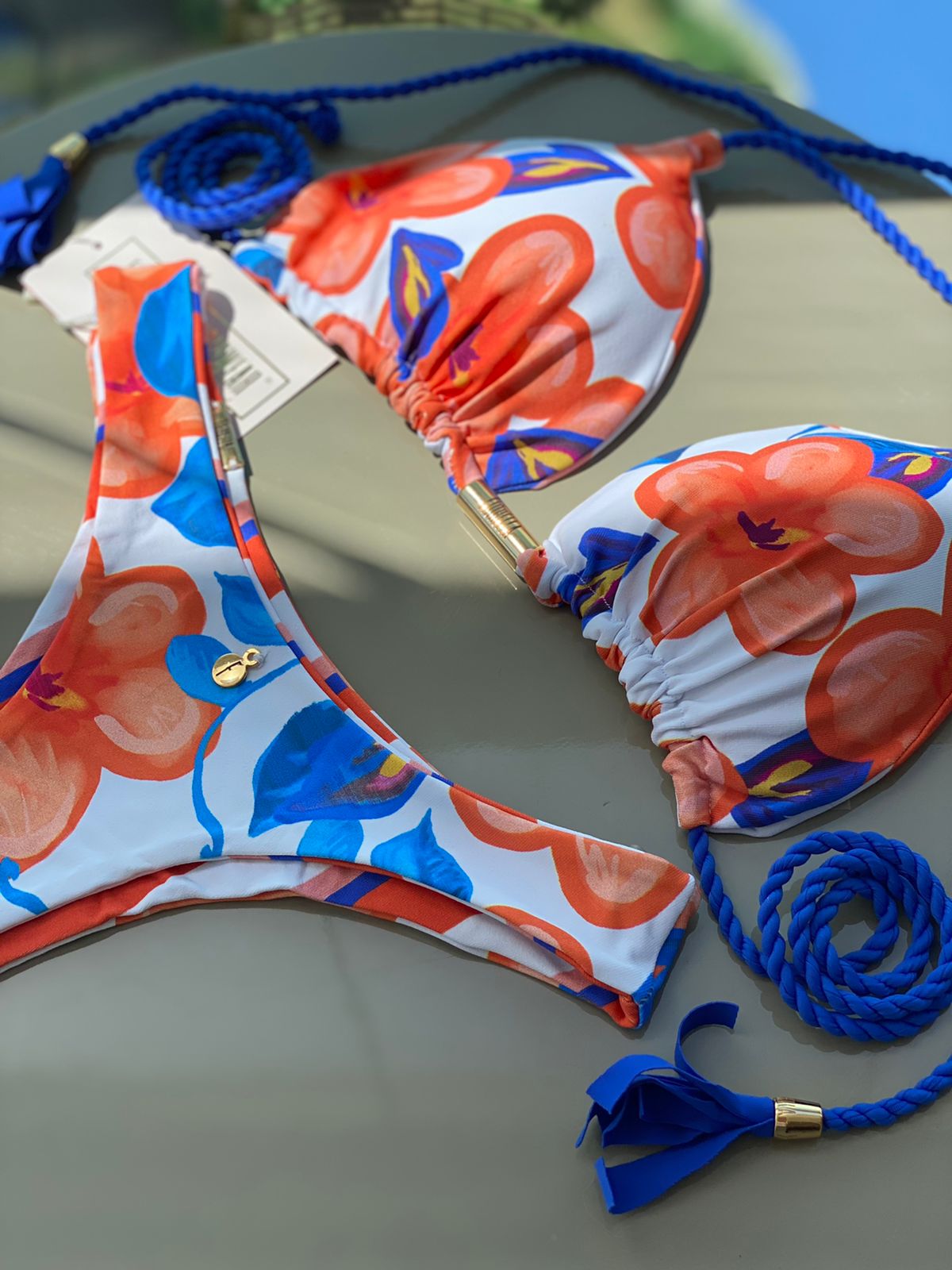 Biquini Fiorella Camélia Floral/Listrado Branco/Azul